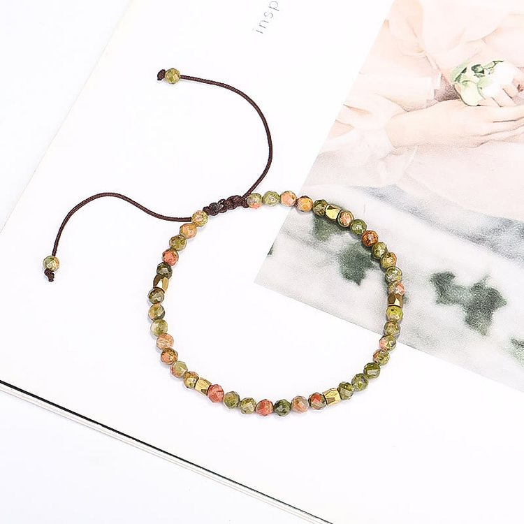 Faceted Unakite Beaded Braided Adjustable Bracelet