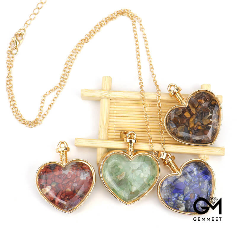 Crushed Stone Heart Glass Box Pendant Necklace