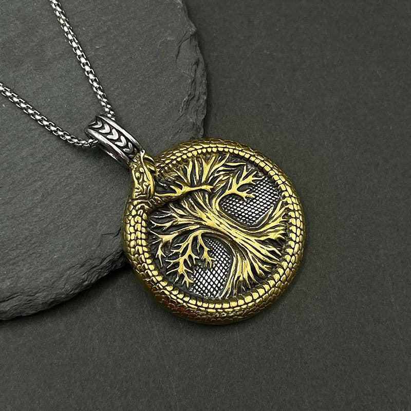 Golden Tail Snake Tree of Life Men's Pendant Necklace