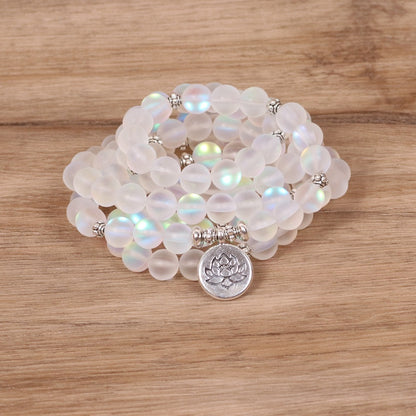 White and Blue Flash Beads Lotus Pendant Bracelet