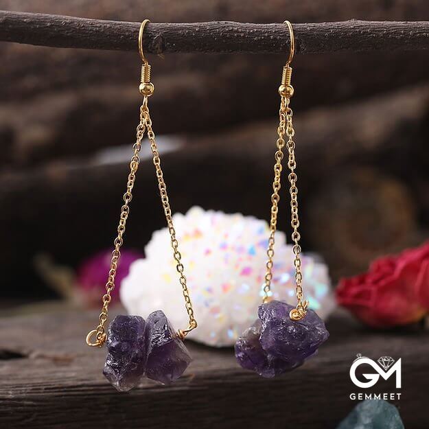 Quartz Gravel Gold Chain Dangle Earrings