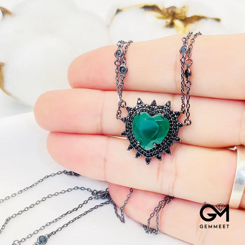 Big Green Stone Heart Shape Halo Black Stone Pendant Necklace