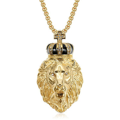 Hip Hop Gold Plated Zircon Crown Lion Head Pendant