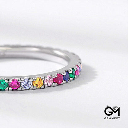 White Gold Prong Common Rainbow Stones Band Ring