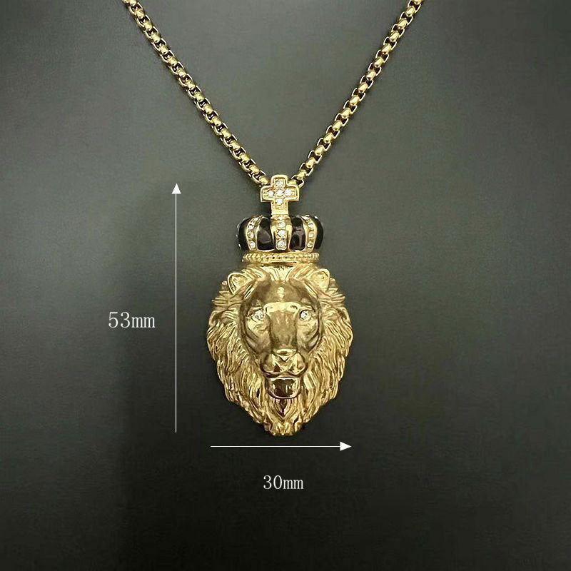 Hip Hop Gold Plated Zircon Crown Lion Head Pendant