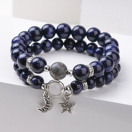 Blue Sandstone Obsidian 6mm Beaded Star and Moon Bracelet