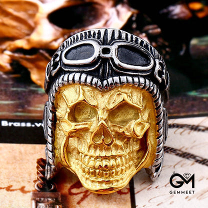 Titanium Steel Punk Engraved Skull Pilot Ring