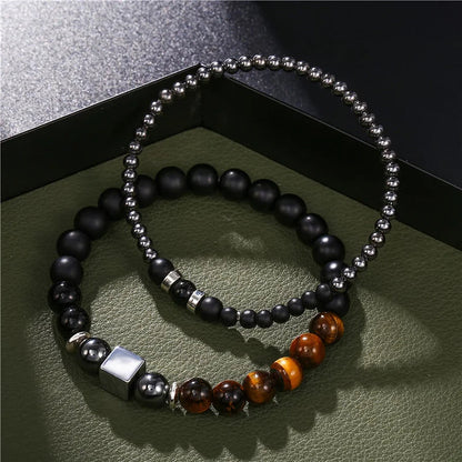 Frosted Tiger Eye Black Cube Stretch Bracelet Set