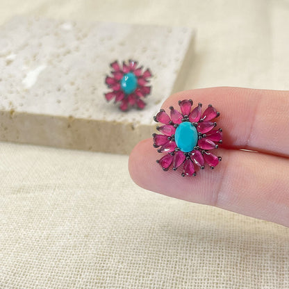 Black & Red Snowflake Inlaid Turquoise Stud Earrings