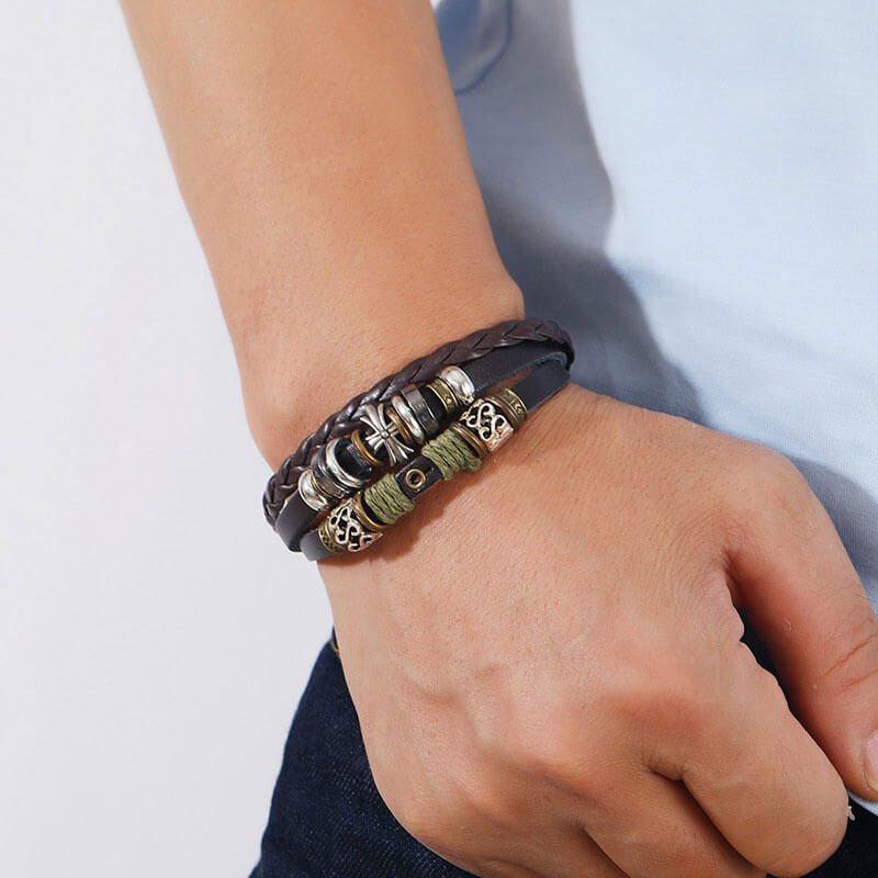 Beaded Star Layered Leather Bracelet