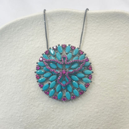 Round Inlaid Turquoise Pigeon Pendant Necklace