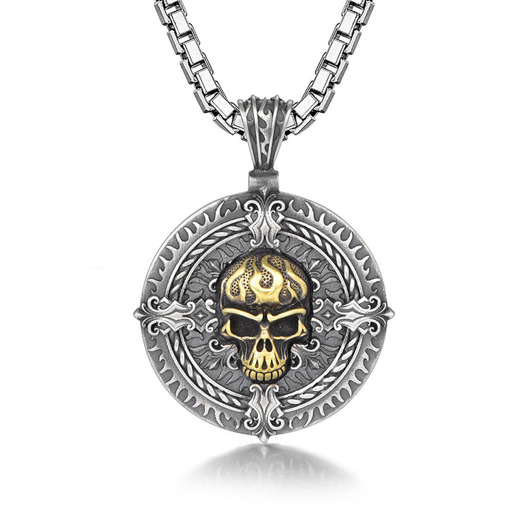 Round Golden Skull Pattern Sterling Silver Pendants Necklace