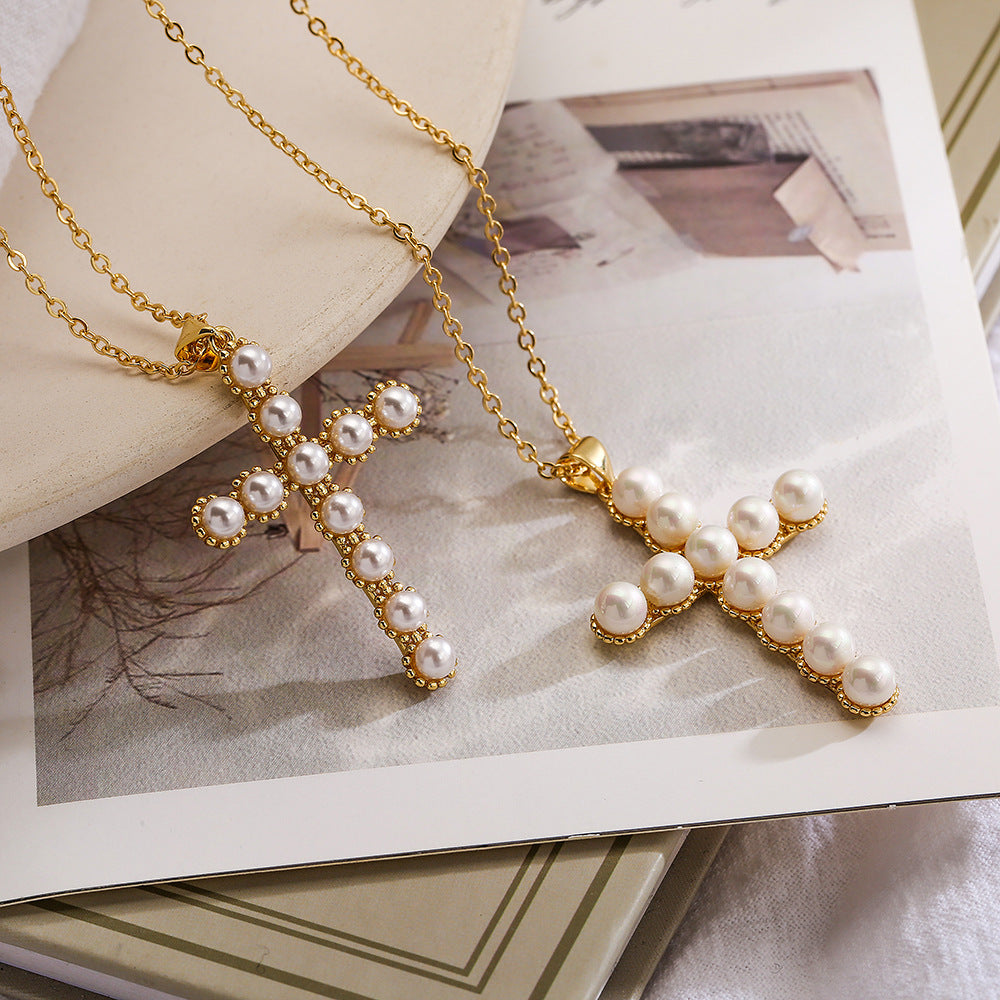 Full Pearls Cross Shape Pendant Necklace