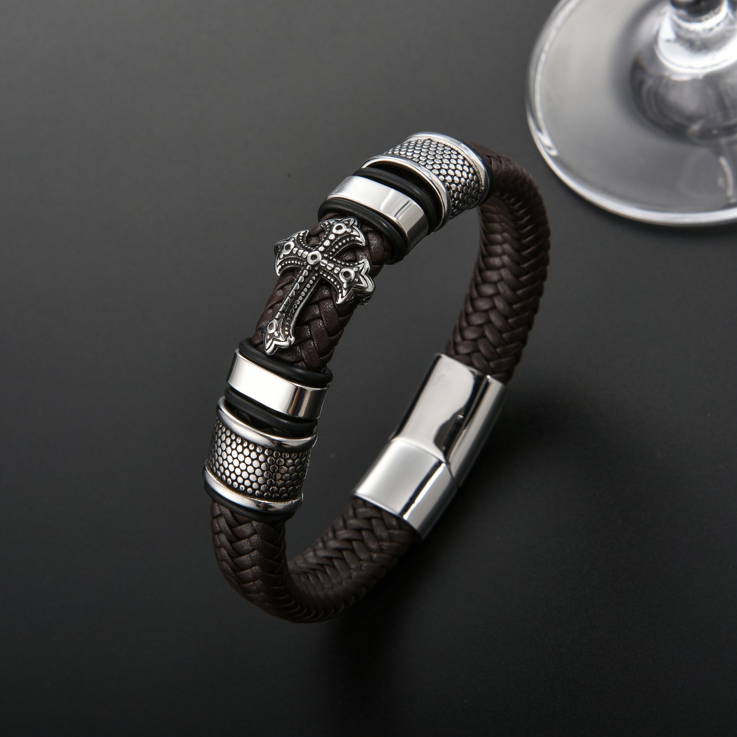 Cross Leather Braided Bracelet with Magnetic Buckle for Men