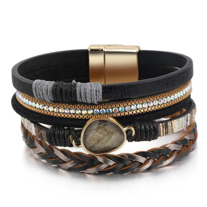 Golden Rutilated Quartz Woven Multi-layered Leather Bracelet