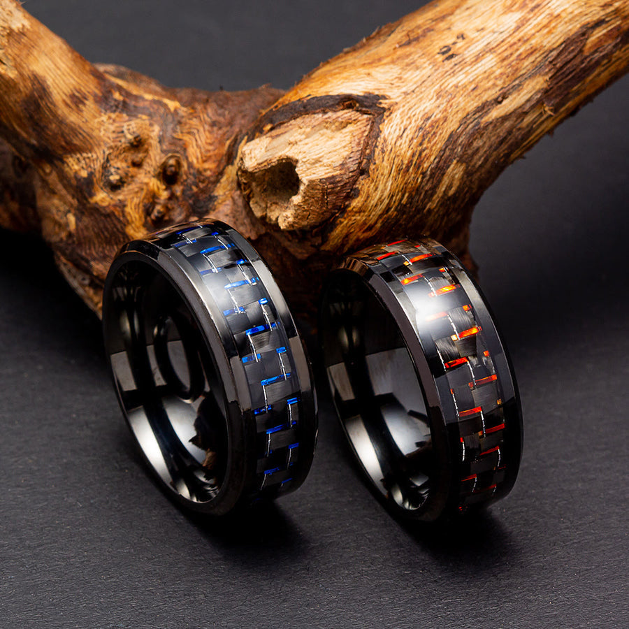 Carbon Fiber Black Titanium Beveled Edges Couple Ring