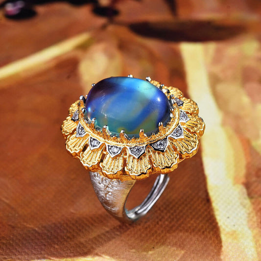 Oval Cut Blue Moonstone Sunflower Ring