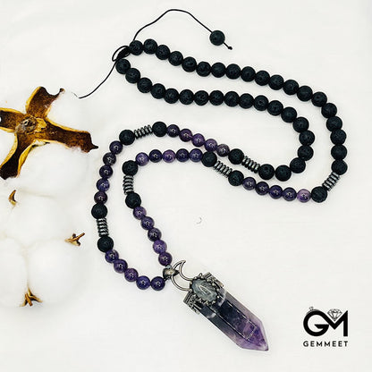 Amethyst Hexagon Prism Pendant Mala Necklace