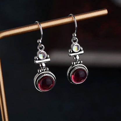 Retro Moonstone & Ruby Dangle Earrings