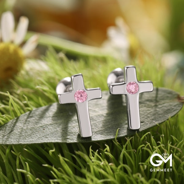 S925 Sterling Silver Smooth Cross Pink Zircon Earrings