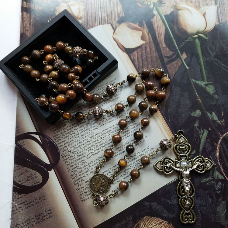 Grade A Tiger Eye Cross Pendant Rosary Necklace