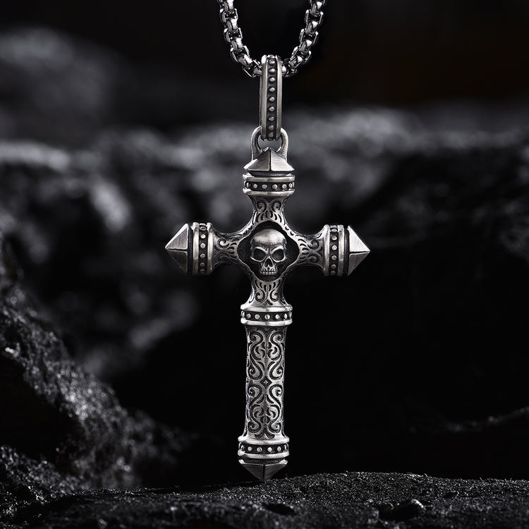 Sterling Silver Columnar Skull Cross Pendants Necklace