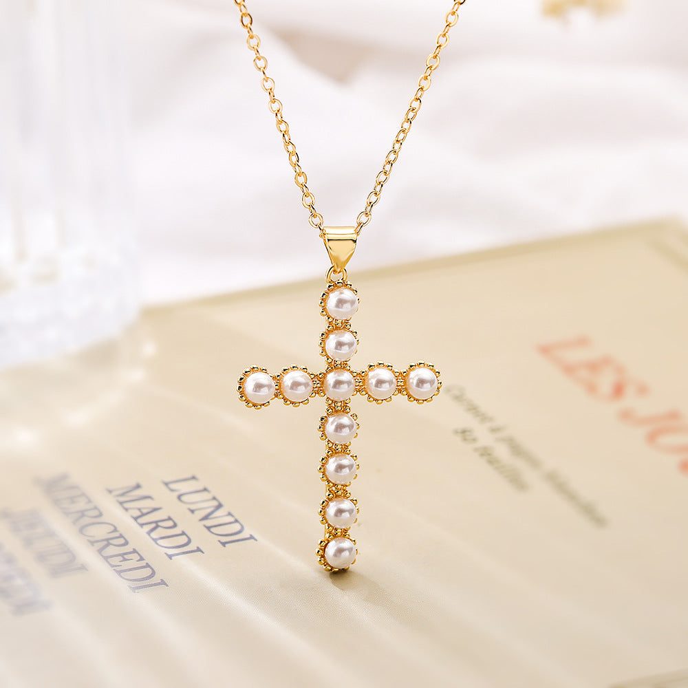 Full Pearls Cross Shape Pendant Necklace