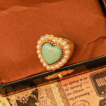 Turquoise Pearl Heart Shape Adjustable Ring