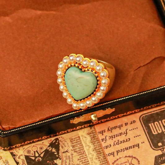 Turquoise Pearl Heart Shape Adjustable Ring