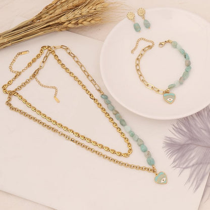 Natural Amazonite Evil Eye Necklace Bracelet Earrings Set