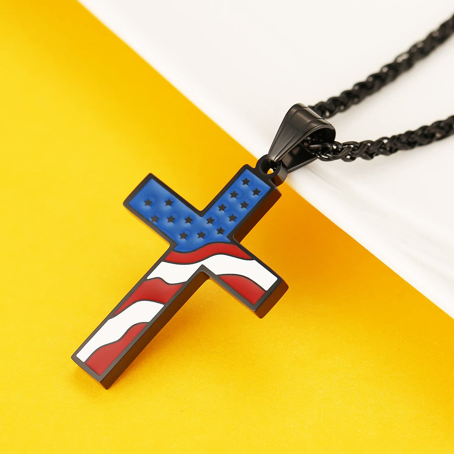 American Flag Cross Religious Jewelry Pendant Necklace