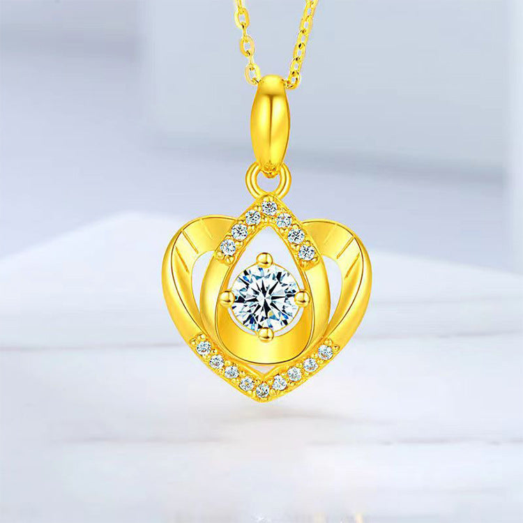 Golden Heart-Shaped Zircon Pendant Necklace