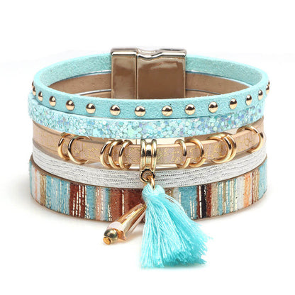 Fashion Multi-Layered Tassel Leather Personality Extra Wide Magnetic Buckle Bracelet