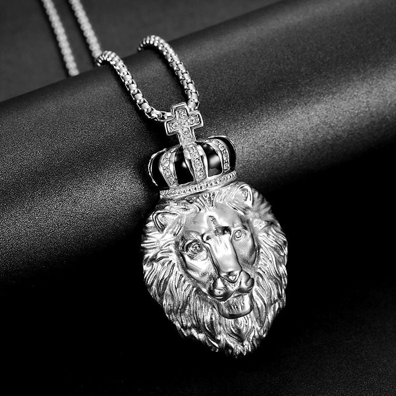 Hip Hop Gold Plated Zircon Crown Lion Head Pendant