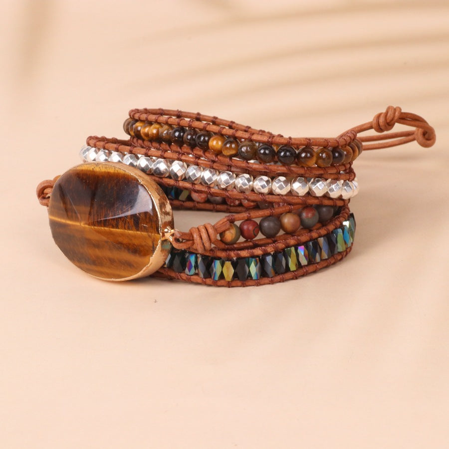 Tiger Eye Woven Leather Bracelet Beaded