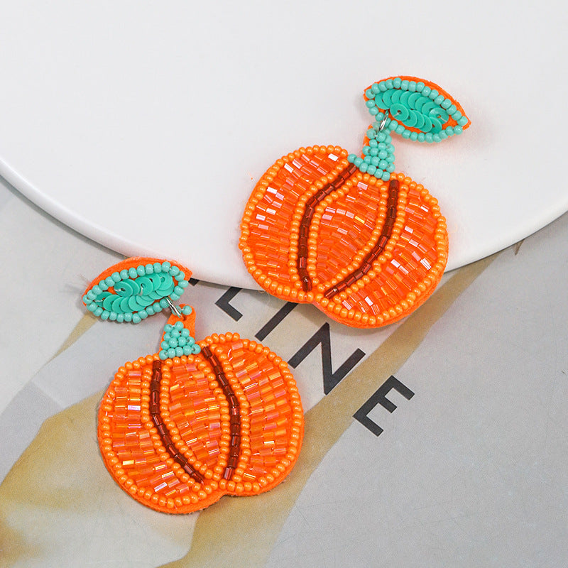 Halloween Funny Handmade Fabric Rice Bead Pumpkin Earrings