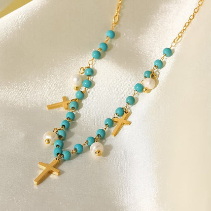 Turquoise Pearl Cross Pendant Tassel Necklace