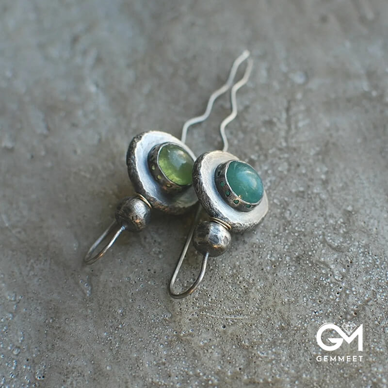 Asymmetrical Teal Stone Boho Silver Long Wound Silk Earrings