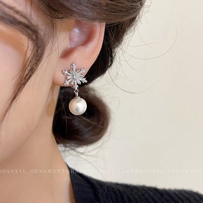 Zircon Snowflake Pearl Elegant Earrings