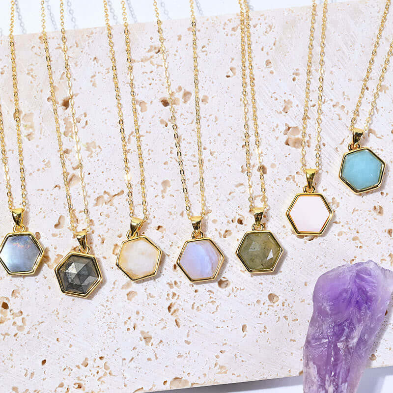 Gold Wire Natural Hexagon Gemstone Necklace