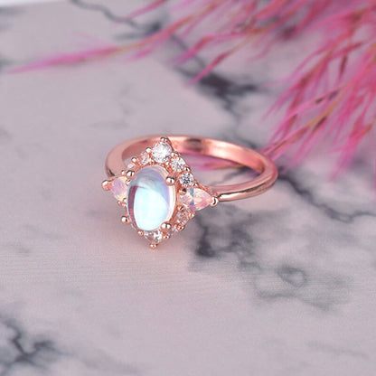 Oval Cut Moonstone Full Stones Halo RIng