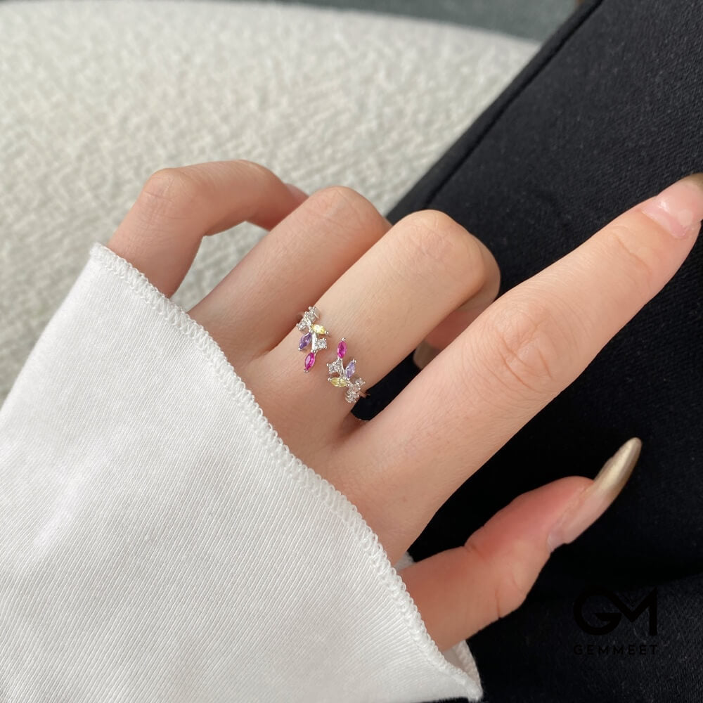 S925 Sterling Silver Leaf Color Zircon Ring