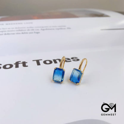 S925 Silver Simple Rectangular Blue Tourmaline Gold Earrings