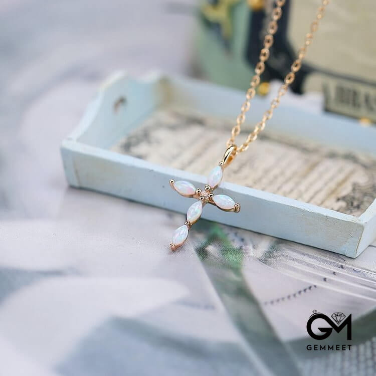 Artificial Opal Moonstone Cross Pendant Necklace