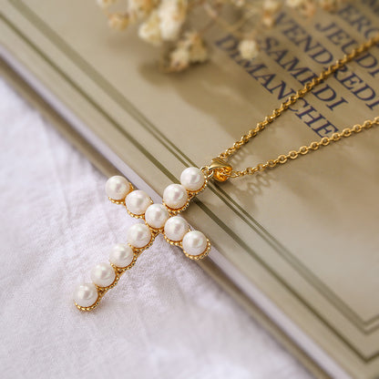 Full Pearls Cross Shape Pendant Necklace