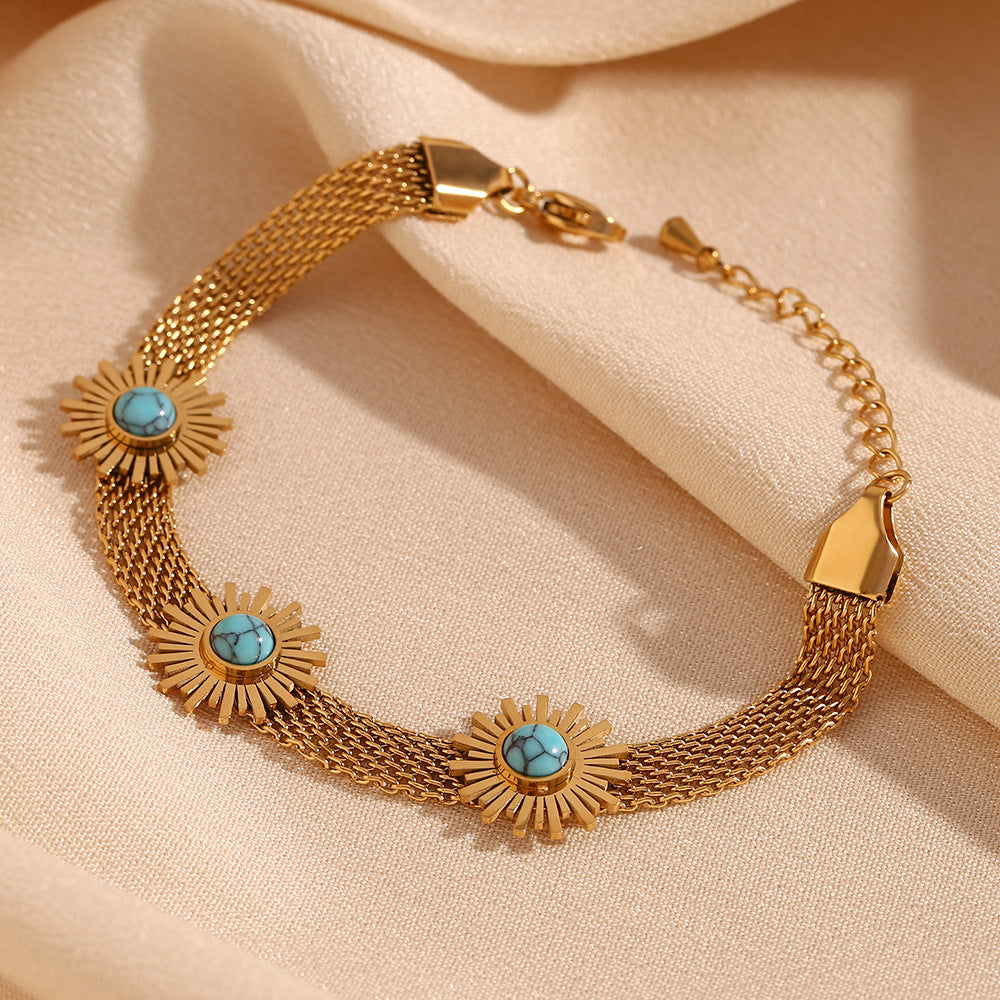 Gold Plated Greenstone Sunflower Woven Bracelet