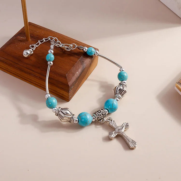 Turquoise Beaded Silver Cross Pendant Bracelet