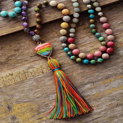 Gorgeous Natural Stones Chakra Triangle Pendant Mala Necklace