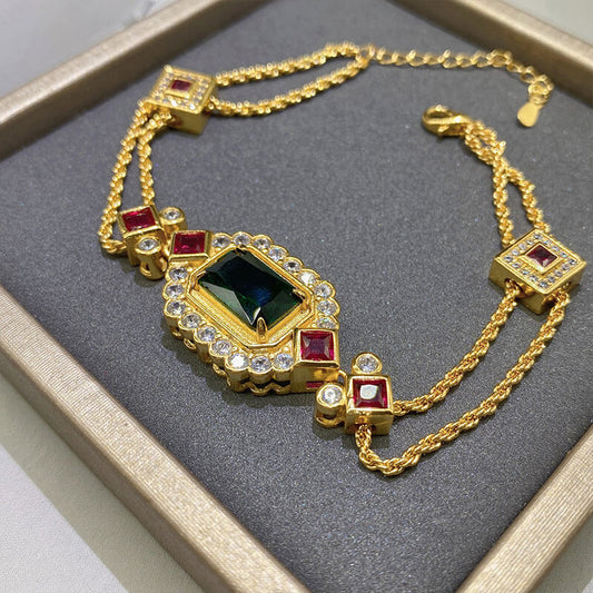 Inlaid Imitation Emerald Bracelet Double Chopin Chain Gold-plated Pigeon Blood Imitation Ruby Emerald Bracelet