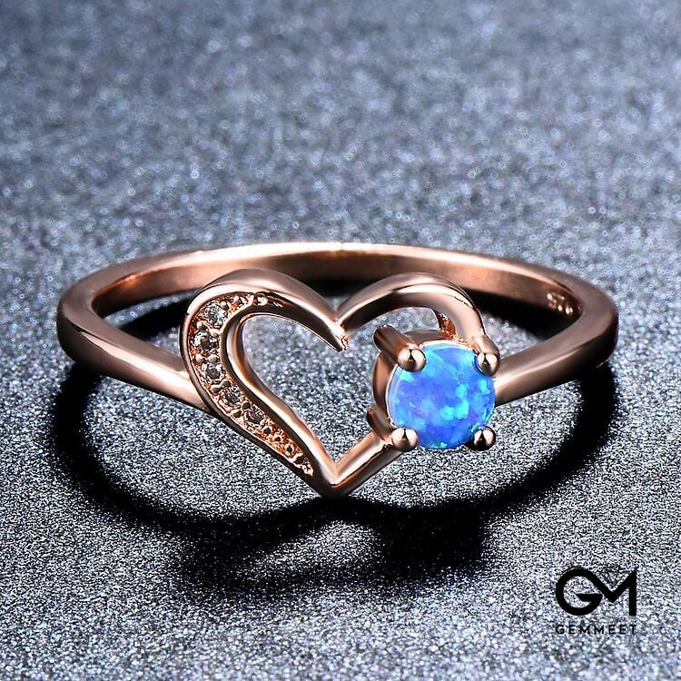 "Deep in Heart" - Simple Circular Opal Hollow Heart Ring